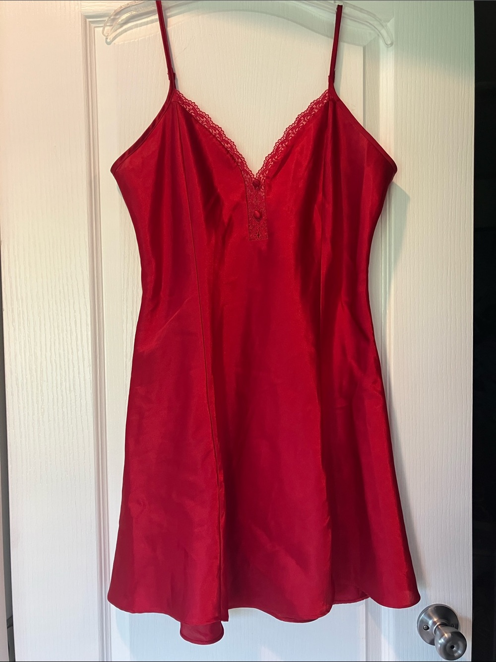 delicates Red Satin Lace-Trim Chemise with Spaghetti Straps